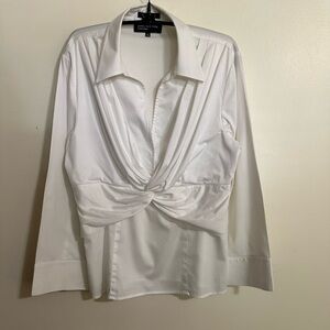 Jones New York Signature Cotton Stretch White Twist Knot 3/4 Sleeve Top, Size L